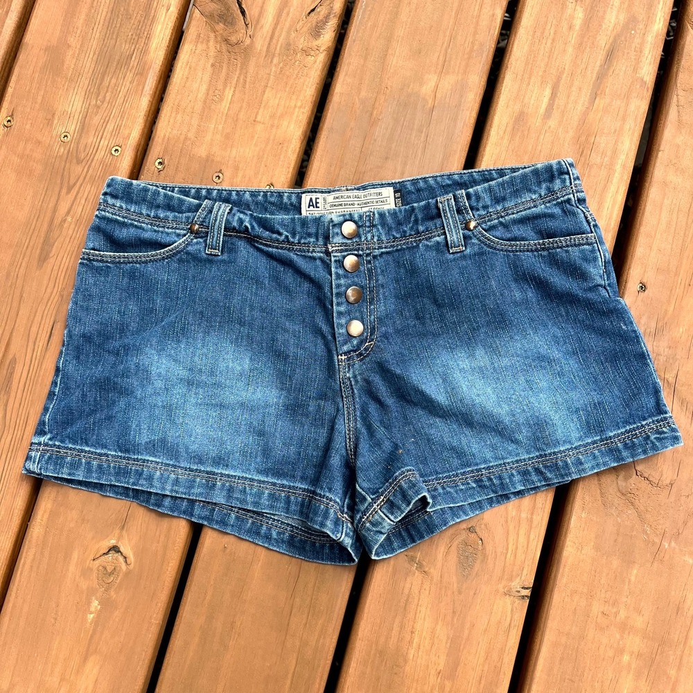 Y2K American Eagle Jean Shorts Blue Denim Snap Fly Low Rise Women Size 10